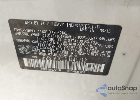 2016 Subaru Forester 2.5I Premium из США, поврежденный, VIN JF2SJADC2GH449712